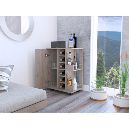 Light Oak 2-Shelf 6-Bottle Bar Cart with Division