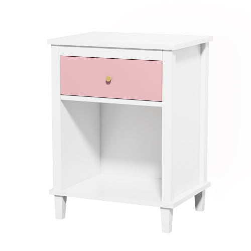 26.77''H Wooden Nightstand with One Drawer One Shelf for Kids, Adults, Pink+Golden handle