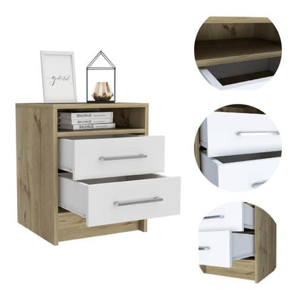 White & Light Oak 2-Drawer Nightstand with Shelf