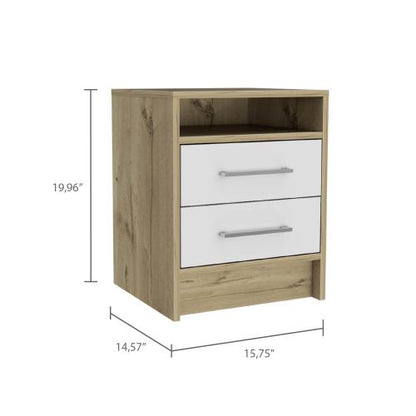 White & Light Oak 2-Drawer Nightstand with Shelf