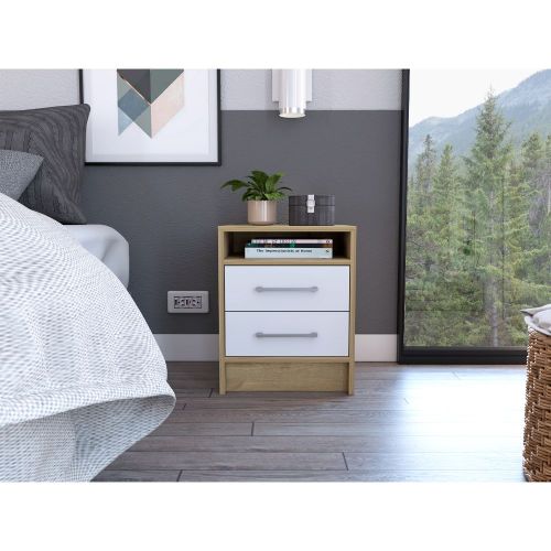 White & Light Oak 2-Drawer Nightstand with Shelf