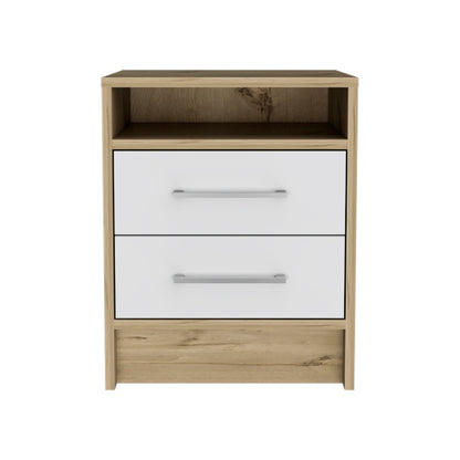 White & Light Oak 2-Drawer Nightstand with Shelf