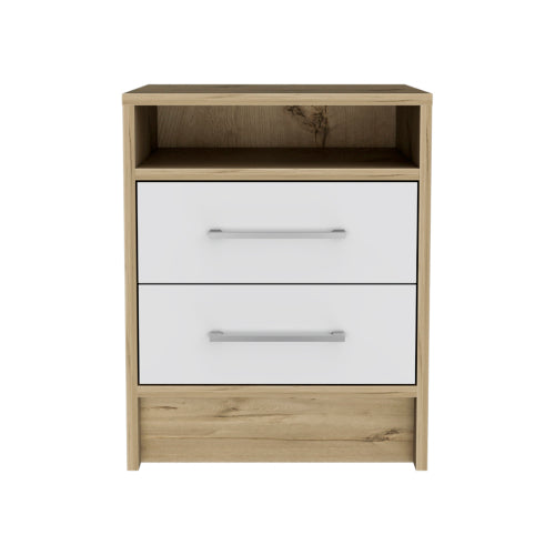 White & Light Oak 2-Drawer Nightstand with Shelf