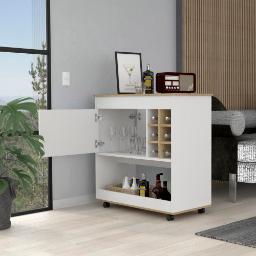 1-Shelf 6-Bottle Bar Cart Light Oak and White