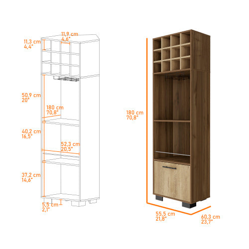 12-Bottle 2-Shelf 1-Drawer Bar Cabinet Mahagony and Macadamia