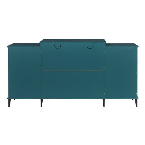 62 Inch Teal Blue Buffet Cabinet with Glass Doors Adjustable Shelves and Metal Legs