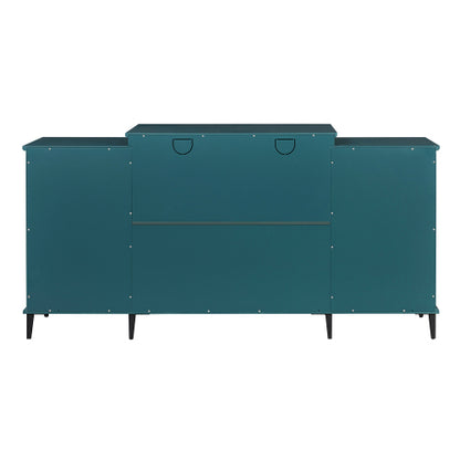 62 Inch Teal Blue Buffet Cabinet with Glass Doors Adjustable Shelves and Metal Legs