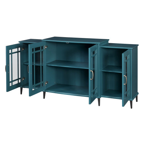 62 Inch Teal Blue Buffet Cabinet with Glass Doors Adjustable Shelves and Metal Legs