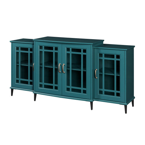 62 Inch Teal Blue Buffet Cabinet with Glass Doors Adjustable Shelves and Metal Legs