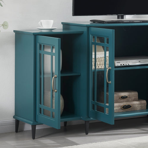 62 Inch Teal Blue Buffet Cabinet with Glass Doors Adjustable Shelves and Metal Legs