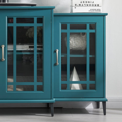 62 Inch Teal Blue Buffet Cabinet with Glass Doors Adjustable Shelves and Metal Legs