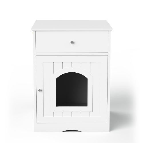 White Wooden Cat Litter Box Enclosure, Multi-Functional Nightstand Side Table