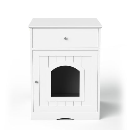 White Wooden Cat Litter Box Enclosure, Multi-Functional Nightstand Side Table