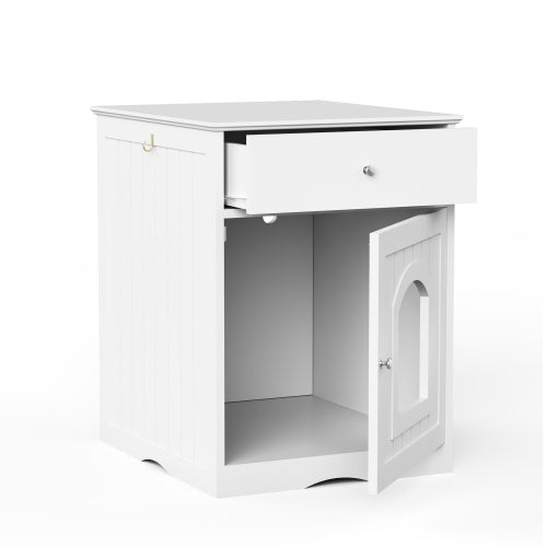 White Wooden Cat Litter Box Enclosure, Multi-Functional Nightstand Side Table