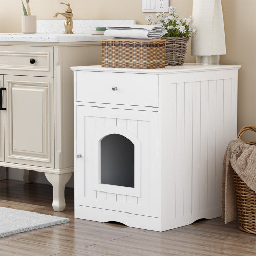 White Wooden Cat Litter Box Enclosure, Multi-Functional Nightstand Side Table