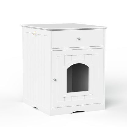 White Wooden Cat Litter Box Enclosure, Multi-Functional Nightstand Side Table