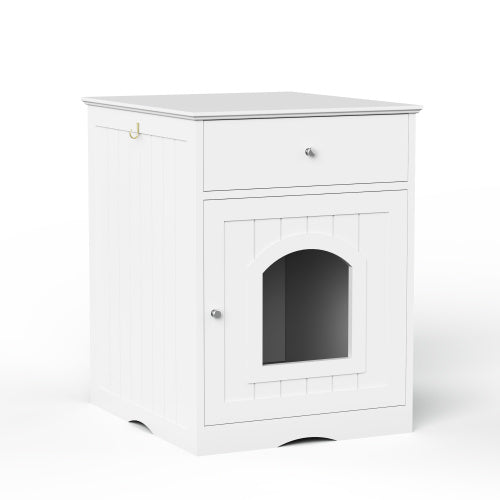 White Wooden Cat Litter Box Enclosure, Multi-Functional Nightstand Side Table