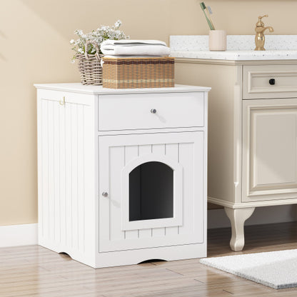 White Wooden Cat Litter Box Enclosure, Multi-Functional Nightstand Side Table