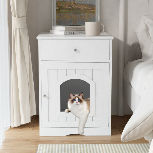 White Wooden Cat Litter Box Enclosure, Multi-Functional Nightstand Side Table