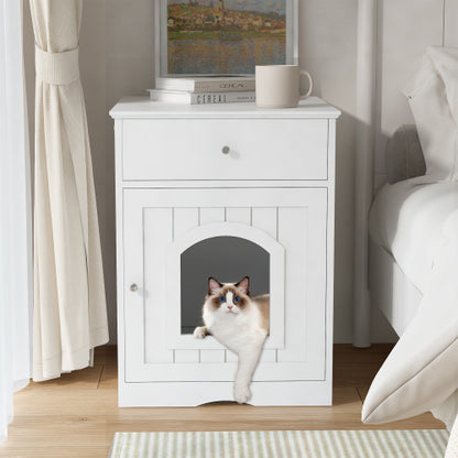 White Wooden Cat Litter Box Enclosure, Multi-Functional Nightstand Side Table