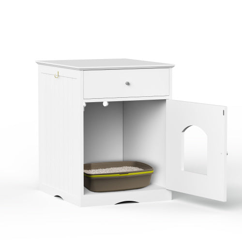 White Wooden Cat Litter Box Enclosure, Multi-Functional Nightstand Side Table