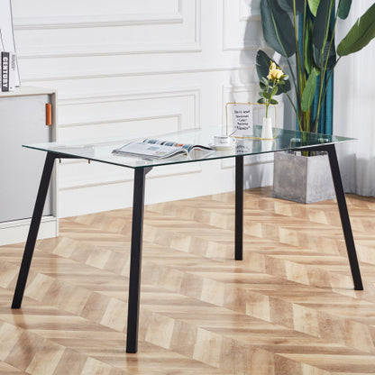 Modern Glass Dining Table with Black Coated Metal Legs