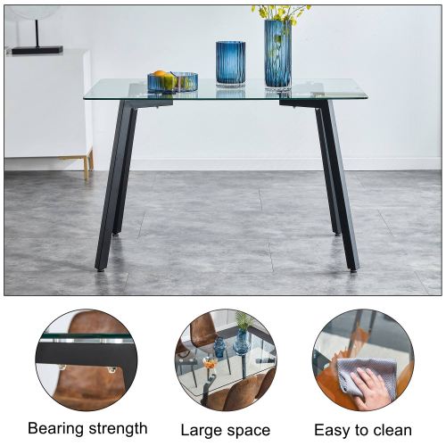 Modern Glass Dining Table with Black Coated Metal Legs