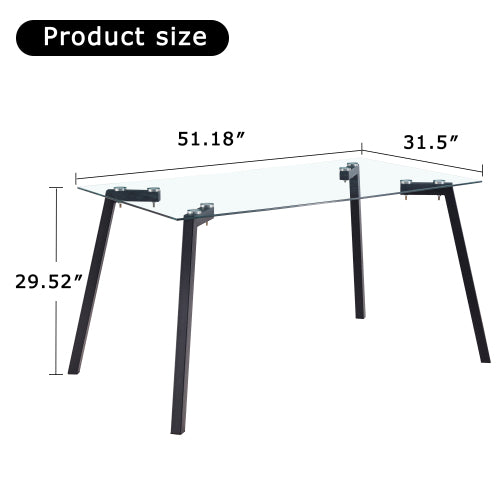Modern Glass Dining Table with Black Coated Metal Legs