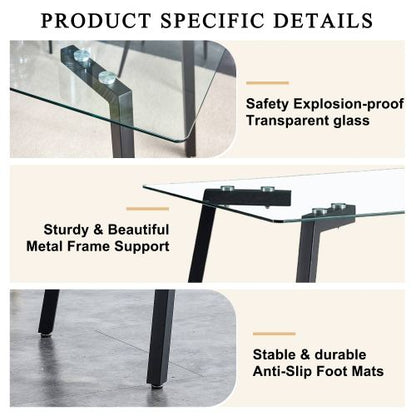 Modern Glass Dining Table with Black Coated Metal Legs