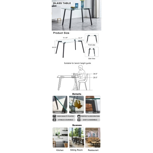 Modern Glass Dining Table with Black Coated Metal Legs