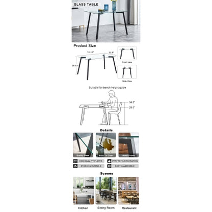 Modern Glass Dining Table with Black Coated Metal Legs
