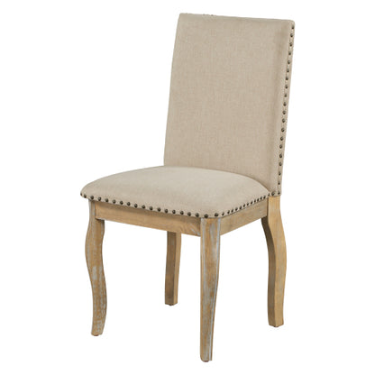 Set of 2 Upholstered Dining Chairs with Rubber Wood Frame, Fabric Seat, Nailhead Detail, Natural Finish