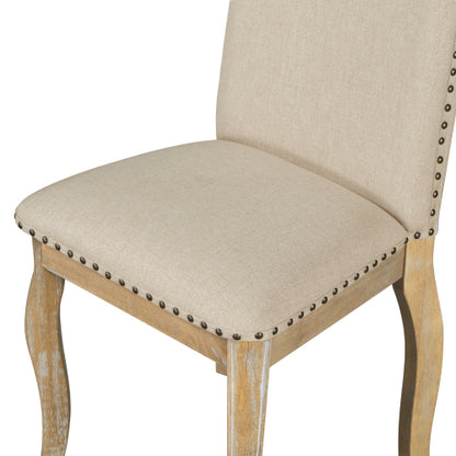 Set of 2 Upholstered Dining Chairs with Rubber Wood Frame, Fabric Seat, Nailhead Detail, Natural Finish