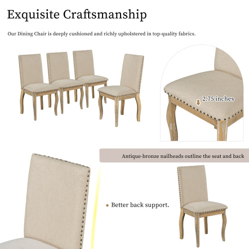 Set of 2 Upholstered Dining Chairs with Rubber Wood Frame, Fabric Seat, Nailhead Detail, Natural Finish