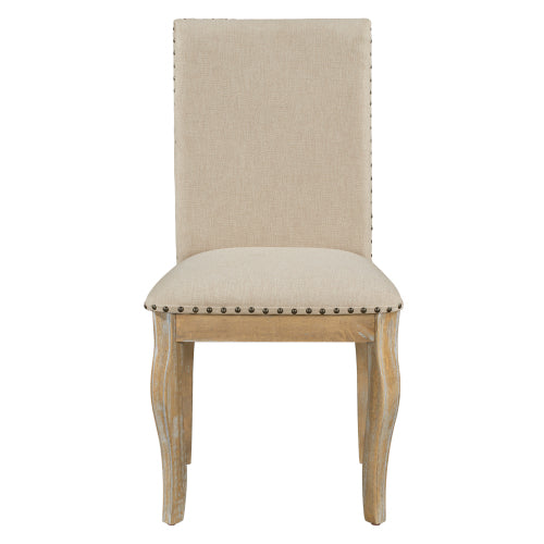 Set of 2 Upholstered Dining Chairs with Rubber Wood Frame, Fabric Seat, Nailhead Detail, Natural Finish