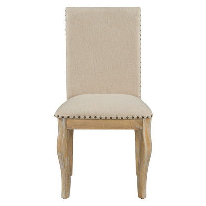 Set of 2 Upholstered Dining Chairs with Rubber Wood Frame, Fabric Seat, Nailhead Detail, Natural Finish