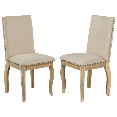 Set of 2 Upholstered Dining Chairs with Rubber Wood Frame, Fabric Seat, Nailhead Detail, Natural Finish