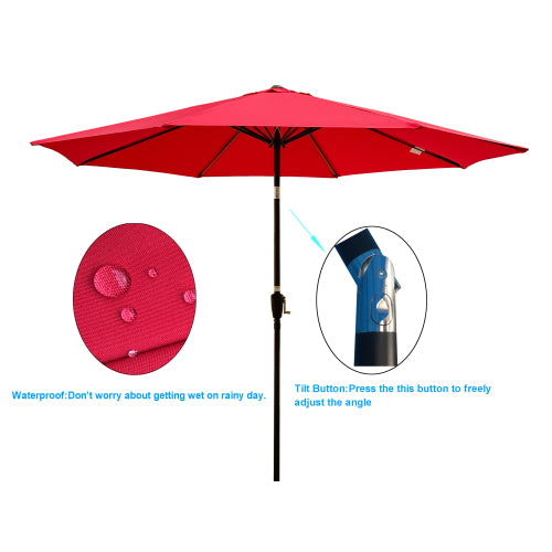 10ft Outdoor Patio Umbrella Red 8 Ribs Tilt and Crank Mechanism Pole Diameter 1.49inch Without Base