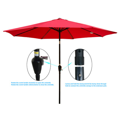 10ft Outdoor Patio Umbrella Red 8 Ribs Tilt and Crank Mechanism Pole Diameter 1.49inch Without Base
