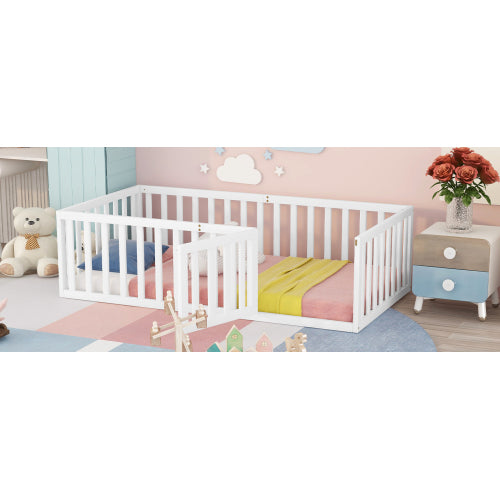 Twin Size Wood Floor Bed Frame with Fence and Door, White