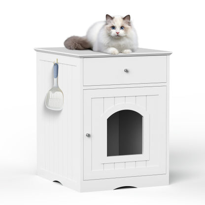 White Wooden Cat Litter Box Enclosure, Multi-Functional Nightstand Side Table