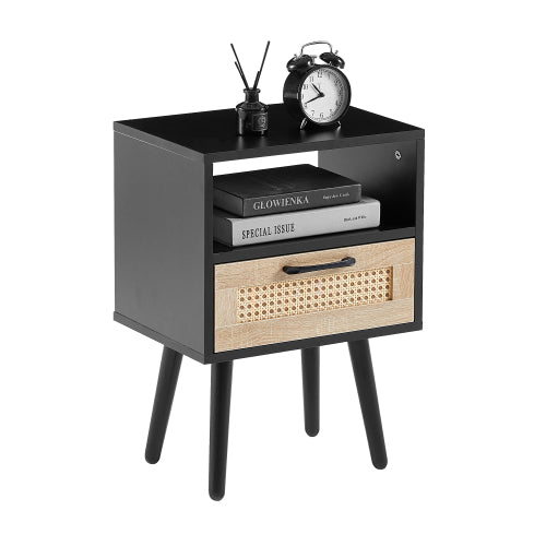 Black Rattan Nightstand with Drawer & Wood Legs