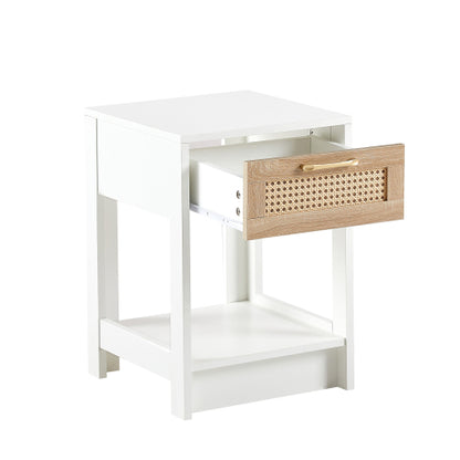 White Rattan Nightstand with Drawer, Modern Bedside Table with Storage Cabinet, Woven Side Table for Bedroom Living Room