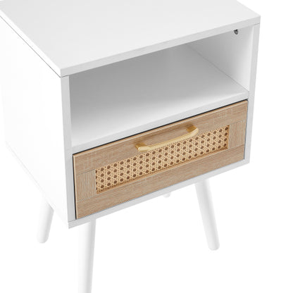 Rattan End Table with Drawer and Solid Wood Legs, Modern Nightstand Side Table for Bedroom Living Room, White
