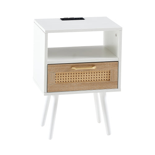 Rattan Nightstand with Charging Station, USB Ports and Drawer, Modern Bedside Table with Solid Wood Legs, White