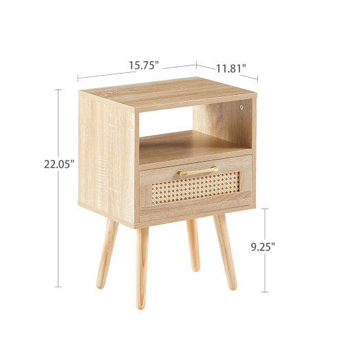 Natural Rattan Nightstand with Drawer & Wood Legs