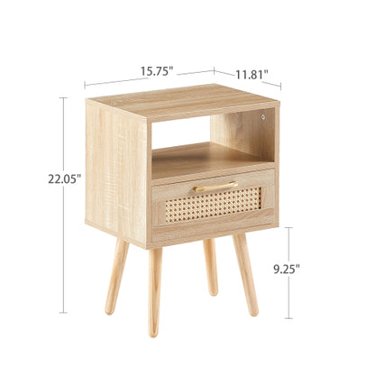 Natural Rattan Nightstand with Drawer & Wood Legs
