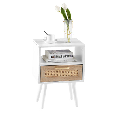 Rattan End Table with Drawer and Solid Wood Legs, Modern Nightstand Side Table for Bedroom Living Room, White