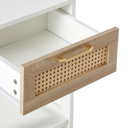 White Rattan Nightstand with Drawer, Modern Bedside Table with Storage Cabinet, Woven Side Table for Bedroom Living Room