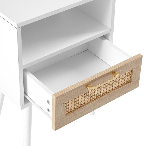Rattan End Table with Drawer and Solid Wood Legs, Modern Nightstand Side Table for Bedroom Living Room, White